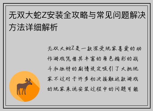 无双大蛇Z安装全攻略与常见问题解决方法详细解析